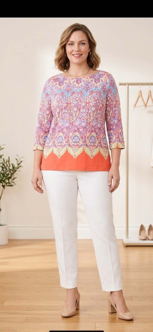 Talbots Womens Paisley Mosaic 2XL Top 3/4 SL Boatneck Coral Pink Medallion Knit